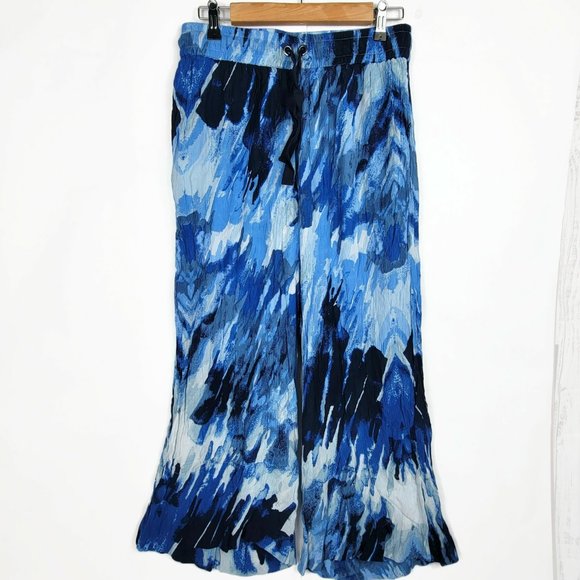 Roamans Pants Size 14 Casual Crinkle Knit Gauze Wide Leg Blue Lounge Drawstring - Picture 2 of 8